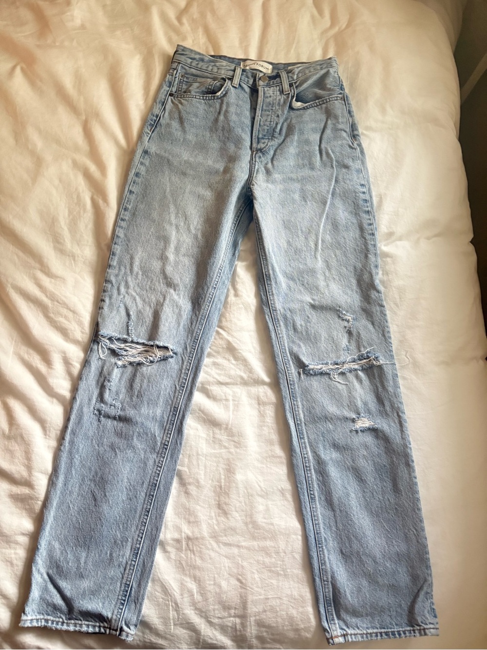 Denim Forum Light Blue Straight-Leg Distressed Jeans
